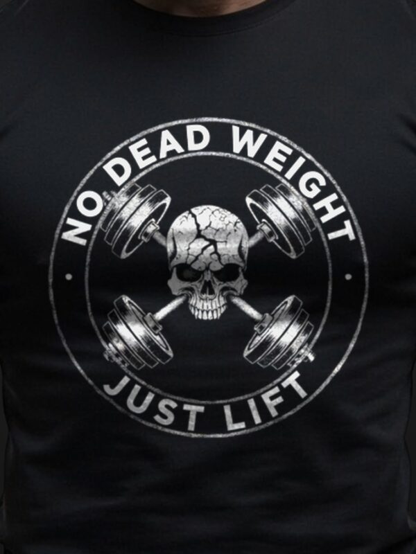 Close-up of the No Dead Weight chest print
