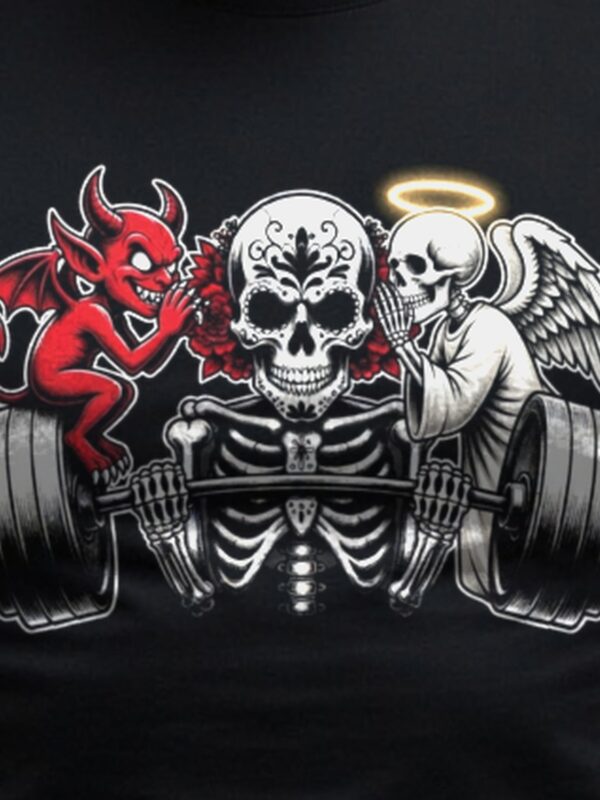 Close-up of the Sinner & Saint chest print